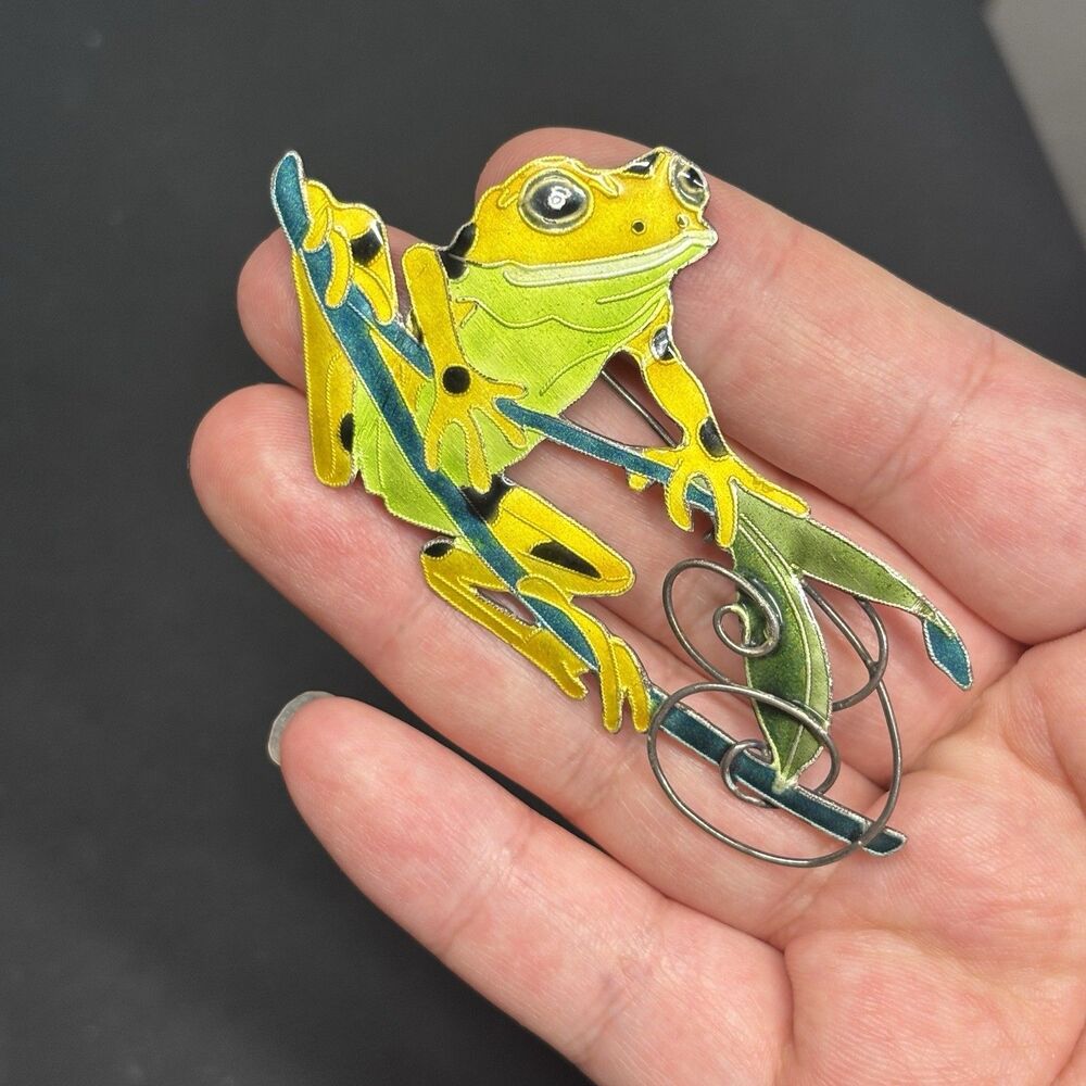 Vintage Large Zarah Green Frog Enamel on Sterling Silver 925 Brooch